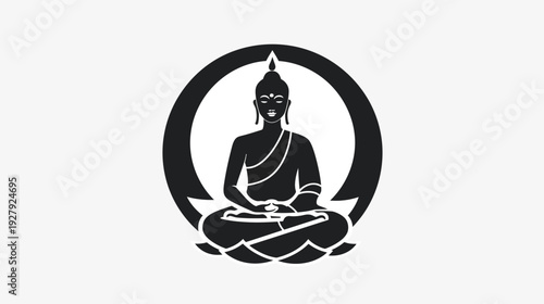 Meditating buddha silhouette against circular background in monochrome style