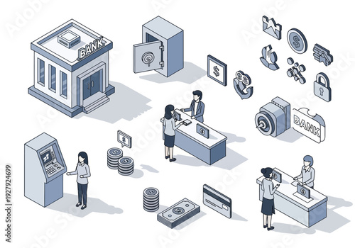 Isometric vector illustration set depicting various banking and financial service elements, including tellers, ATMs, and currency icons