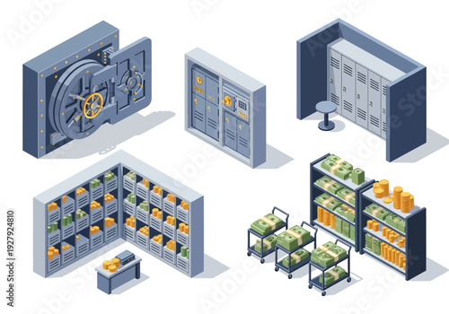 A collection of isometric bank interior elements featuring a secure vault, gold bars, and stacks of currency