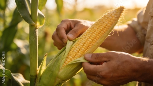 Hands inspecting corn kernels in field, illustrating precision crop monitoring, yield prediction, and ag-tech concepts.