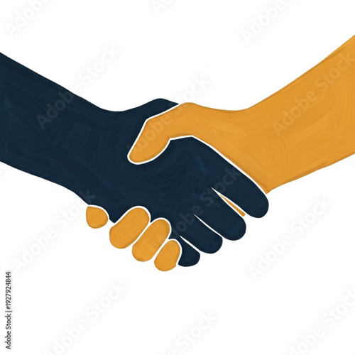 Stylized illustration of two diverse hands, one dark blue and one golden yellow, clasped in a firm handshake.
