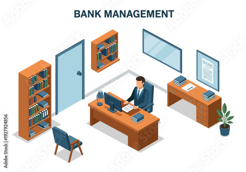 Isometric illustration of a professional bank manager working diligently in a modern office setting, showcasing financial operations and business administration