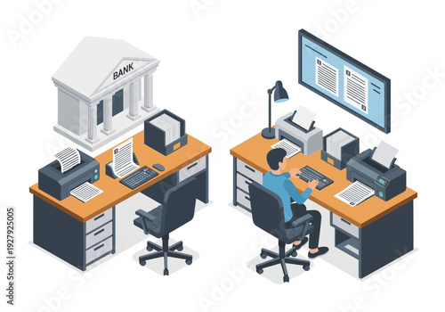 Isometric illustration of a bank office with a person working at a desk, featuring computers, printers, and documents, symbolizing financial operations and administrative tasks