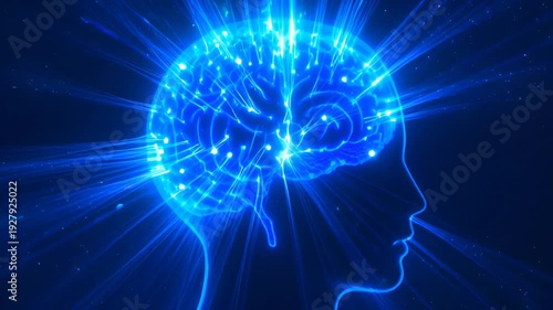 Abstract glowing blue brain, neural network, human head silhouette, concept of intelligence, thought, and cognition, digital art with light rays