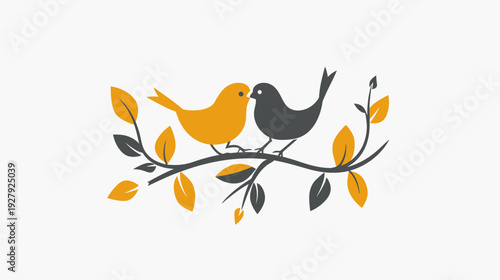 Two birds on branch with leaves graphic design for nature and concept