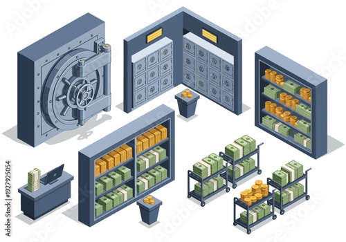 Isometric view of a bank vault, safe deposit boxes, shelves and carts filled with money and gold bars, representing financial security and wealth management