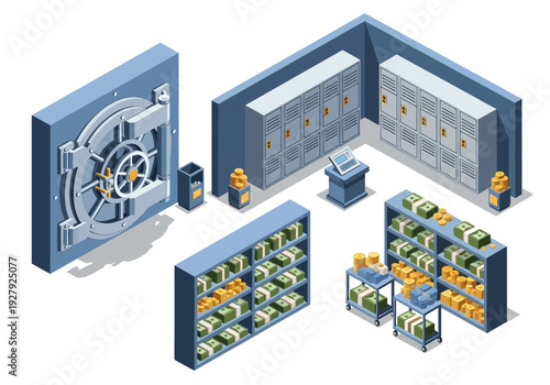 Isometric Bank Vault Interior Illustration with Money Stacks, Gold Bars, and Safe Deposit Boxes, Depicting Financial Security and Wealth Storage in a Modern Banking Environment