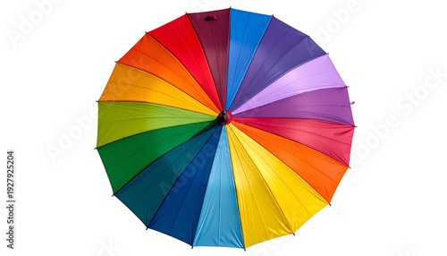 View from above of a vibrant, open umbrella displaying a rainbow of colorful panels