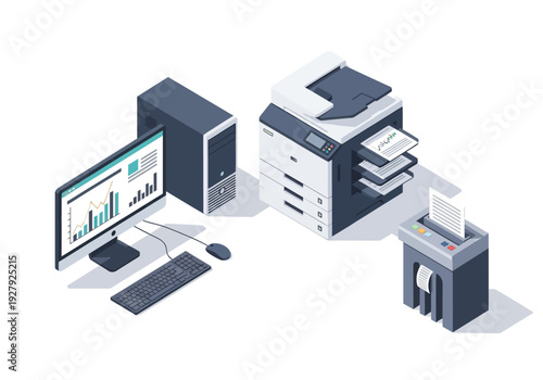Isometric concept of a business workflow with office equipment for data analysis, document printing, and secure information destruction