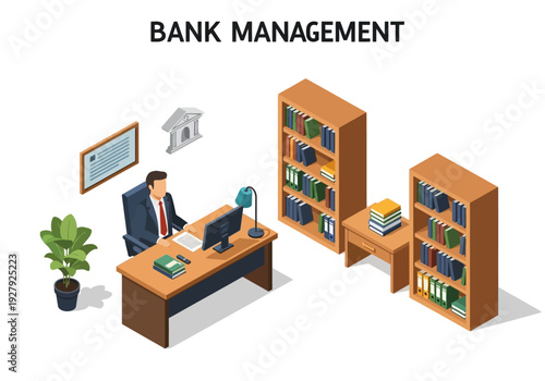 Isometric office scene with a dedicated bank manager at a professional desk, surrounded by corporate elements, illustrating financial management and strategic business efficiency
