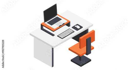 Modern office desk with computer and orange chair.