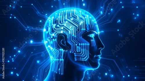 Abstract AI Brain Circuitry, Futuristic Human Head Digital Network, Blue Glowing Technology Concept