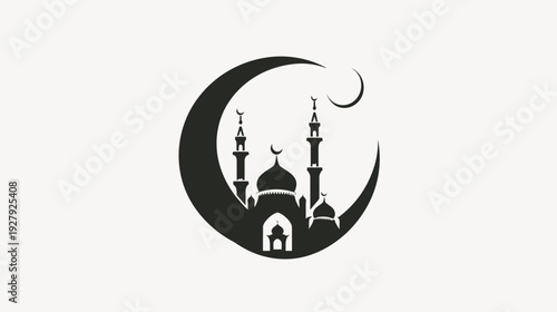 Islamic mosque silhouette within crescent moon symbol against white background