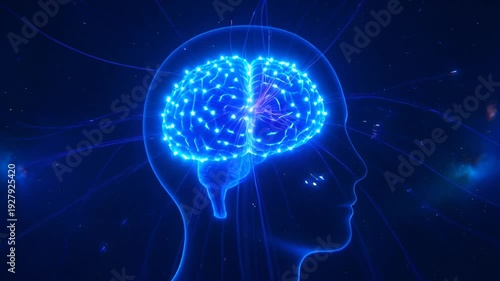 Glowing Blue Neural Network Brain, Digital Human Head Silhouette, Futuristic Technology Concept, AI Intelligence, Medical Science Visualization