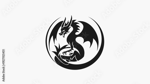 Black dragon silhouette in circle design symbol illustration on white