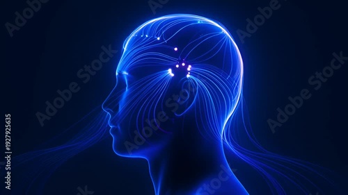 Futuristic AI Brain Network, Digital Consciousness, Neural Pathways, Blue Neon Glow, Technology Concept