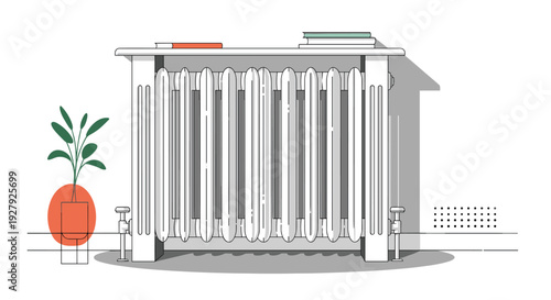 A modern, minimalist line art illustration of a vintage cast iron radiator with a shelf, books, and a potted plant in a cozy room.