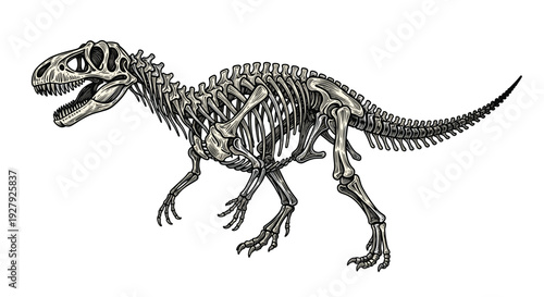 A detailed, scientifically accurate illustration of a Tyrannosaurus Rex dinosaur skeleton in a dynamic pose, drawn in a vintage style.