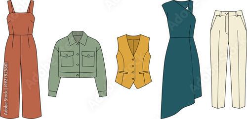 A collection of stylish women's clothing designs including a jumpsuit jacket vest dress and trousers