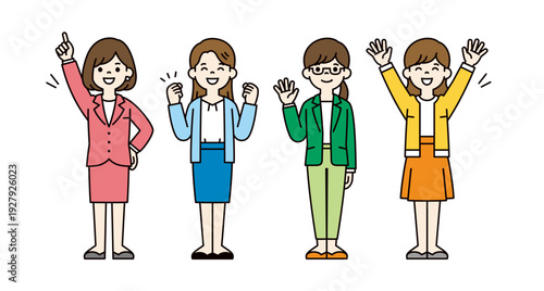 企業・オフィスで働く、スーツを着た複数のビジネスウーマン・OLの全身ベクターイラストセット	