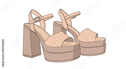 A stylish, hand-drawn illustration of a pair of women's beige platform sandals with a chunky high heel on a white background.