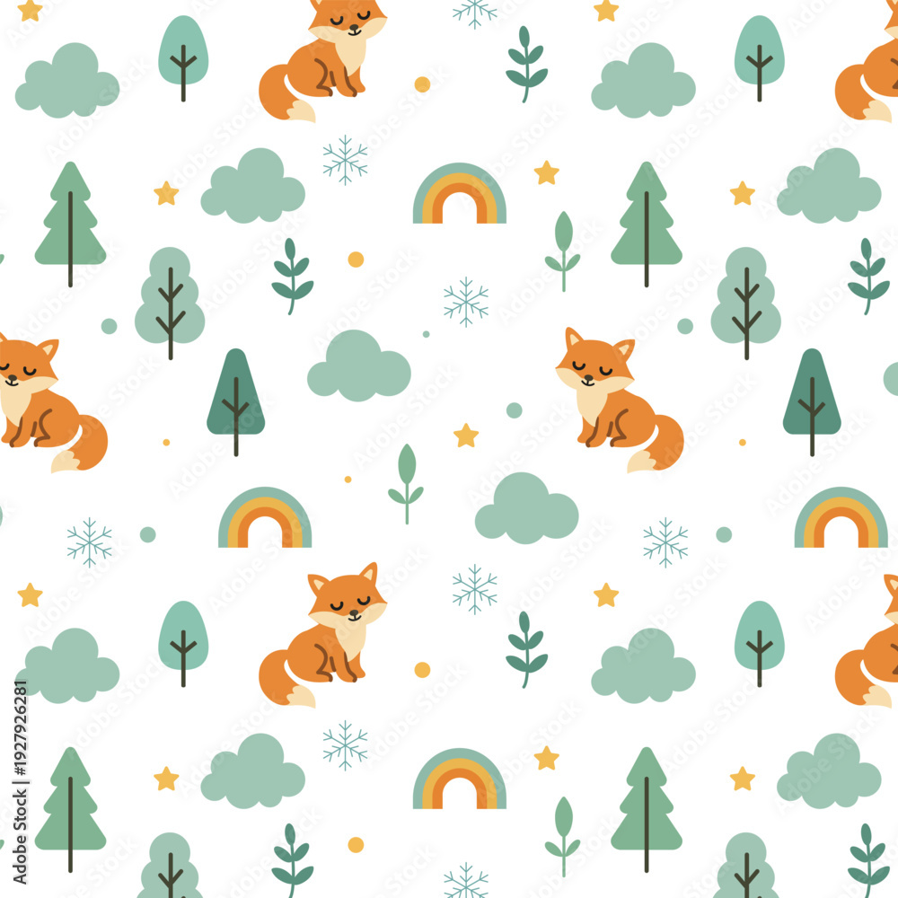 Obraz premium Cute fox seamless pattern with tree, rainbow and star on pastel background. Scandinavian nursery style woodland illustration for textile, wallpaper and baby design.