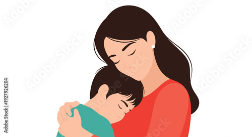 Tender illustration of a loving mother gently hugging her sleeping child, conveying a strong sense of comfort, care, and family.