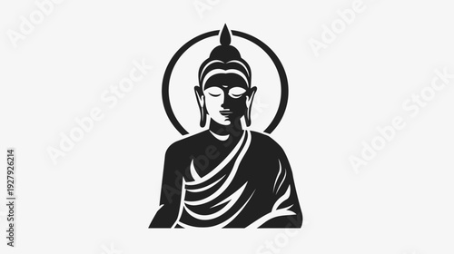 Minimalist buddha statue silhouette against white background with halo