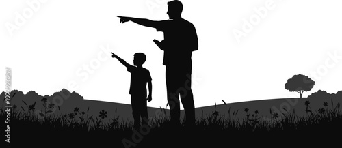 Vector Silhouette Set Featuring Father and Son Standing in a Grassy Meadow Pointing at the Horizon for Nature Education