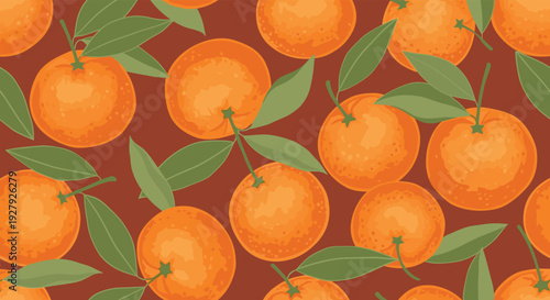 Seamless pattern of fresh, juicy oranges with green leaves scattered across a rich, dark terracotta background for wallpaper.