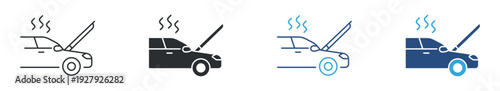 Car engine overheating icon set, broken vehicle with steam symbol, auto repair service vector illustration