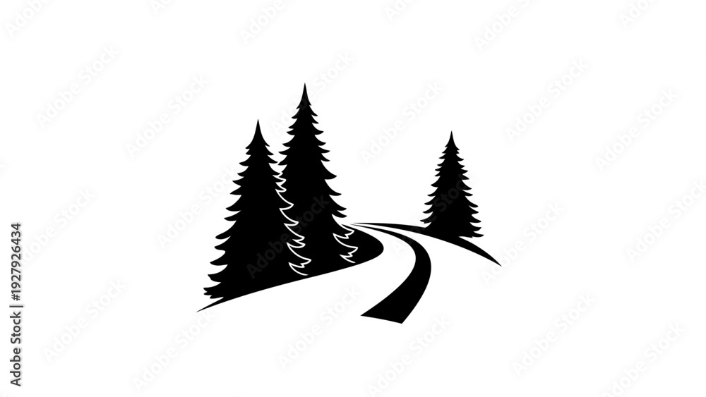 Obraz premium Road through evergreen forest silhouette illustration symbol