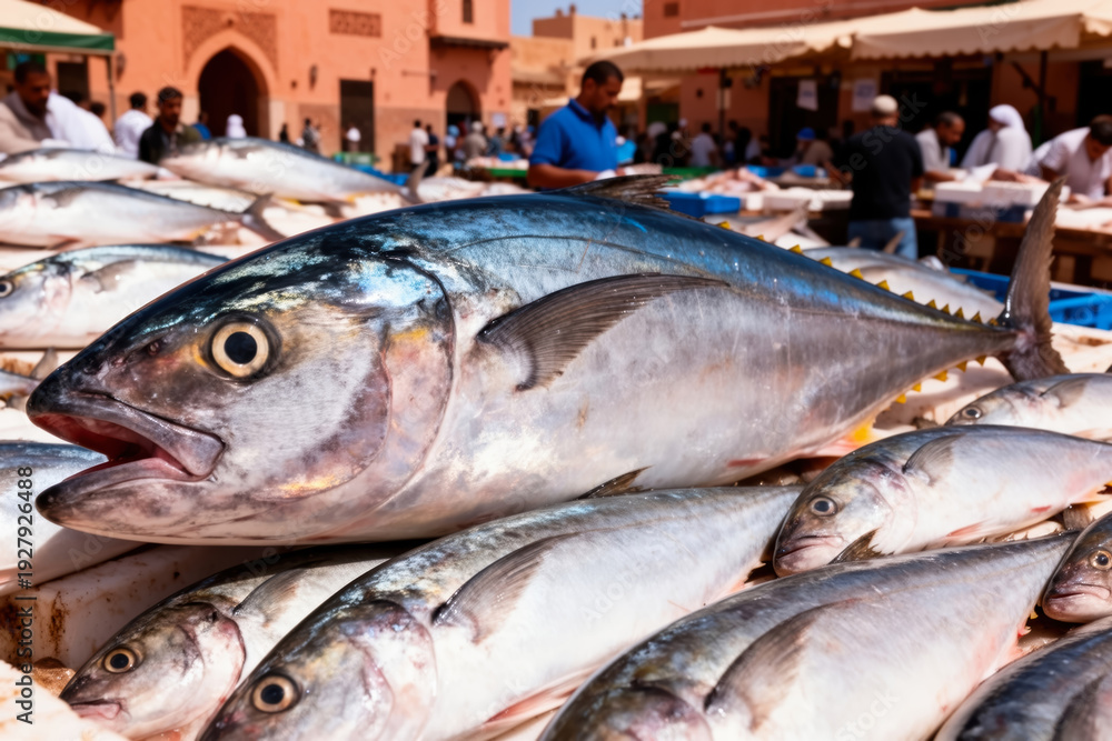 Obraz premium Vibrant Moroccan Seafood Market on the African Coast Featuring a Massive Atlantic Bigeye Tuna Amidst Fresh Fish Stalls and Lively Crowd