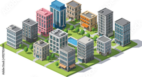 Isometric of colorful buildings and green spaces in a cityscape