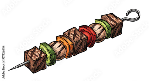 Colorful vintage-style drawing of a grilled kebab skewer with meat and vegetables, isolated on a clean white background.