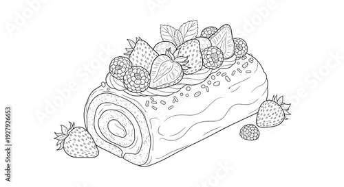 Delicious-looking Swiss roll cake decorated with fresh berries and mint, presented in a black and white line art illustration.
