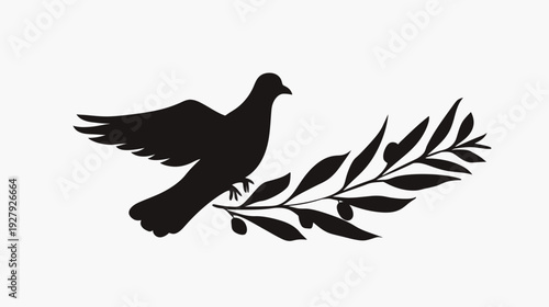 Silhouette of a flying dove with olive branch on white background