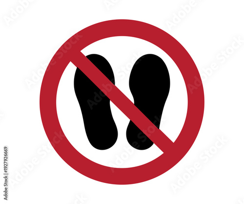 Do not walk or stand here ISO 7010 sign. Red crossed circle sign with two footprints icon inside vector design and illustration.
