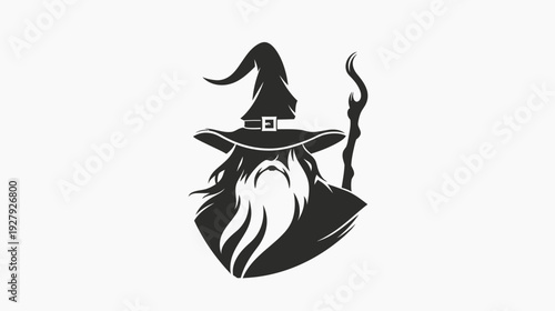 Mystical wizard silhouette with hat and staff against white background