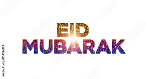 Elegant Eid Mubarak text with shimmering glitter and sparkling light effects, celebrating Islamic holidays and Muslim traditions.