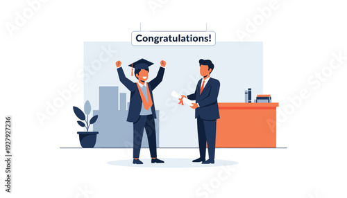 Businessman celebrates graduation with diploma in modern office setting