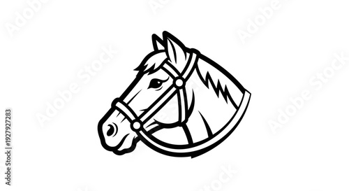 Monochrome illustration of a horse head with bridle isolated on white