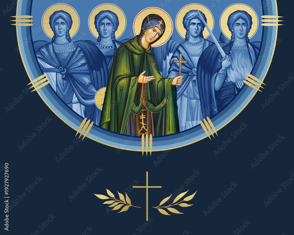 Naklejka premium Sv. Petka. Saint Parascheva of the Balkans and four cardinal points (Archangel Gabriel, Uriel, Raphael and Michael). Illustration in Byzantine style isolated