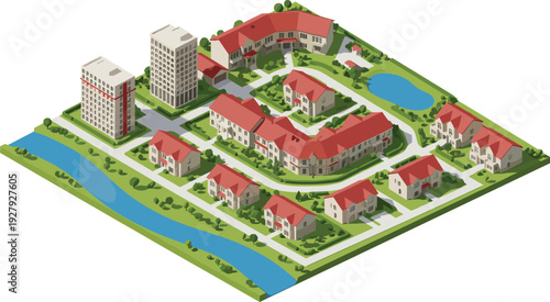 Isometric view of a residential neighborhood with red-roofed houses and tall buildings near a river