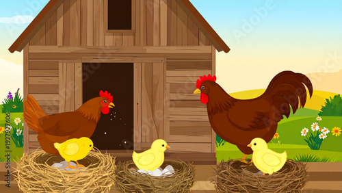 Chicken hen rooster and chick illustration set with nests farm poultry animals