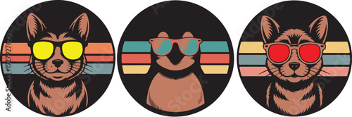 A sleek white fox wears modern teal sunglasses with a bright retro striped background