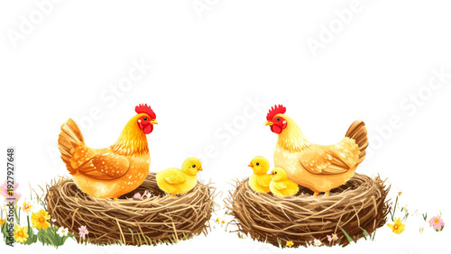 Chicken hen rooster and chick illustration set with nests farm poultry animals