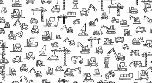 Construction Heavy Equipment Line Icons Set Featuring Excavators Cranes Bulldozers Forklifts Trucks and Industrial Machinery Vector Collection