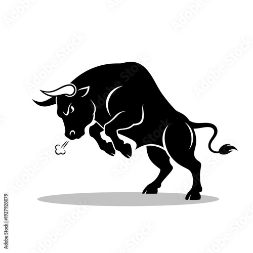 Ferocious black bull snorting steam, charging forward on white background