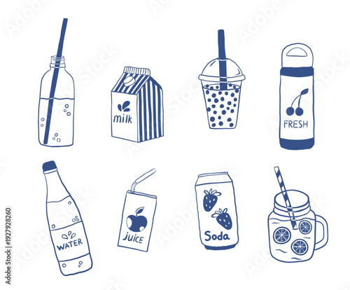 Various drinks set. A collection of water, milk, matcha lattes, juices, and other beverages in plastic cups plastic cups and bottles, paper mugs, Tetra Pak containers, and glasses..Minimal line style